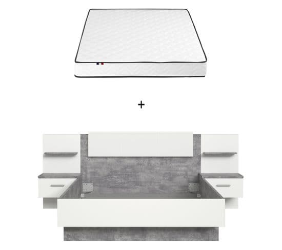 Ensemble LIT avec chevet GINGER imitation beton et blanc + Matelas ADEONA  140X190CM