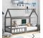 Lit cabane enfant 90x200 avec sommier à lattes et protection, en bois massif de pin, gris