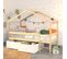 Lit Cabane Mika 90x190 + Sommier +2 Tiroirs + Matelas Iris  / Naturel et Blanc