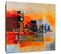 Tableau Bois Abstraction - Ville Panoramique 30 X 30 Cm Orange