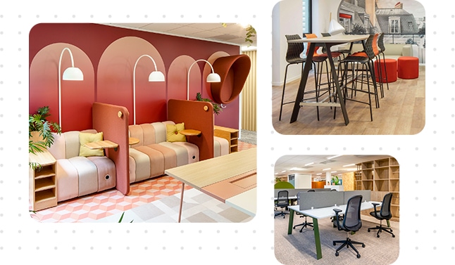 espace de travail cosy, studieux, chaises et table haute